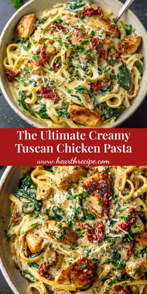 A close-up shot of a bowl of creamy Tuscan Chicken Pasta, garnished with fresh parsley and grated Parmesan cheese. The pasta is mixed with chicken, spinach, and sun-dried tomatoes.
