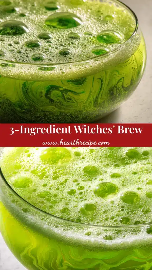 Witches' Brew Punch (Easy Halloween Recipe!) 4 A large glass cauldron filled with vibrant green Witches' Brew Punch, topped with foamy lime sherbet and garnished with gummy worms for a spooky Halloween party.
