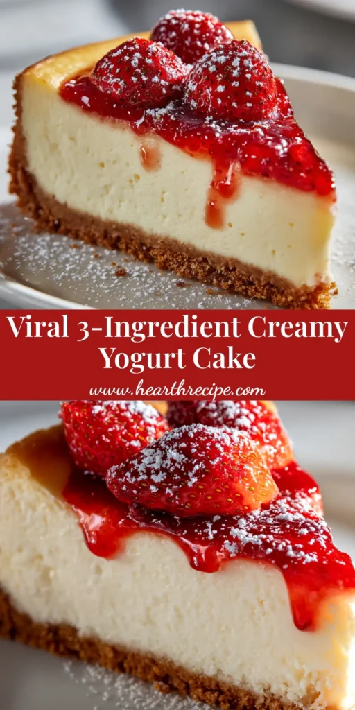 A beautiful golden brown 3-ingredient yogurt cake on a serving plate, dusted with powdered sugar and with a single slice cut out.