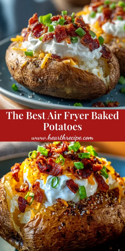 A perfectly cooked air fryer baked potato split open and loaded with butter, sour cream, and fresh chives, showcasing a crispy skin and fluffy interior.