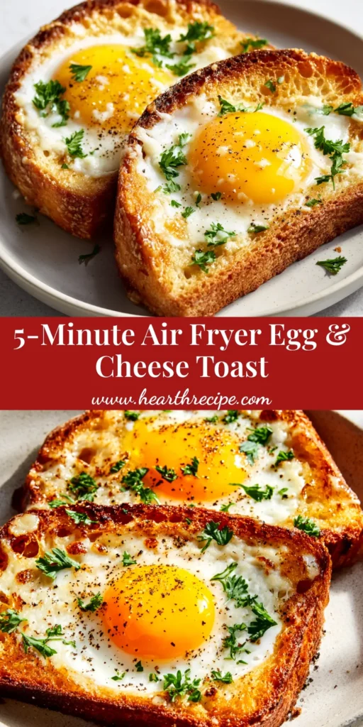 A perfectly cooked Air Fryer Egg Toast on a white plate, showing a crispy golden crust and a runny egg yolk center. The perfect easy air fryer breakfast recipe.