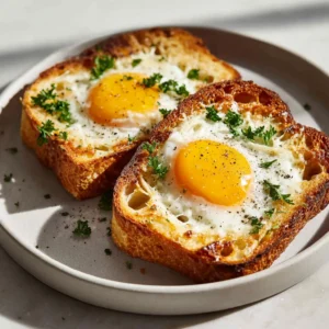 Two slices of egg-in-a-hole toast made in the air fryer, side-by-side on a rustic wooden board. An example of a quick air fryer breakfast.