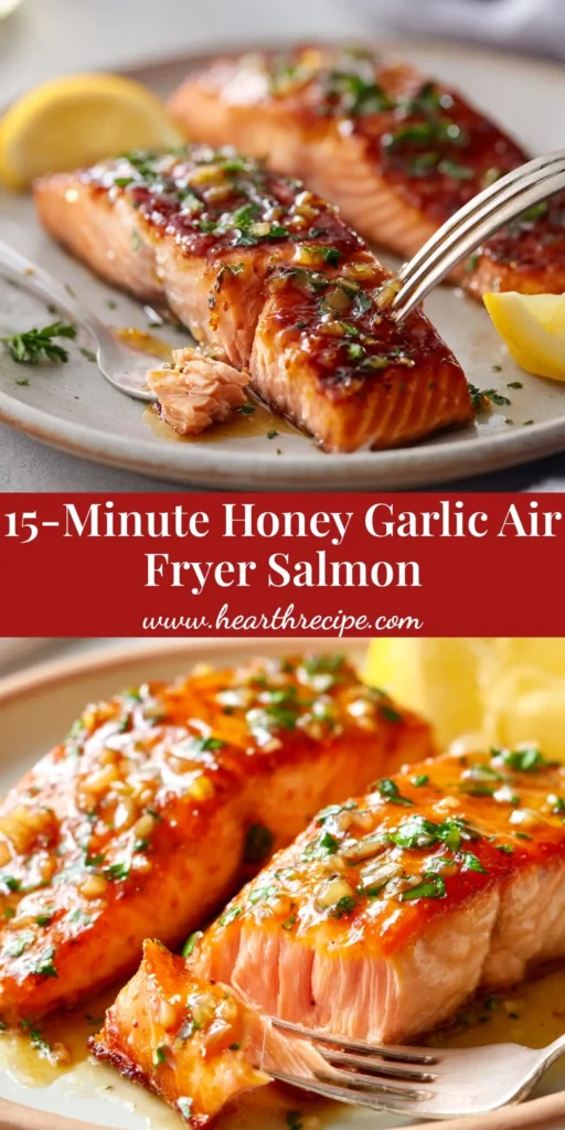 A perfectly cooked Air Fryer Honey Garlic Salmon fillet on a plate, ready to be served. The glaze is caramelized and the salmon is garnished with fresh parsley.