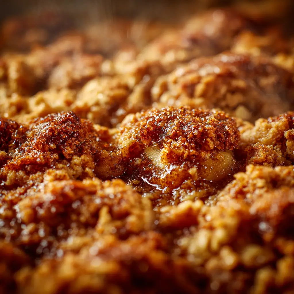 The process of making apple crisp, showing the uncooked oat topping being sprinkled over the sliced apple filling in a glass baking dish.