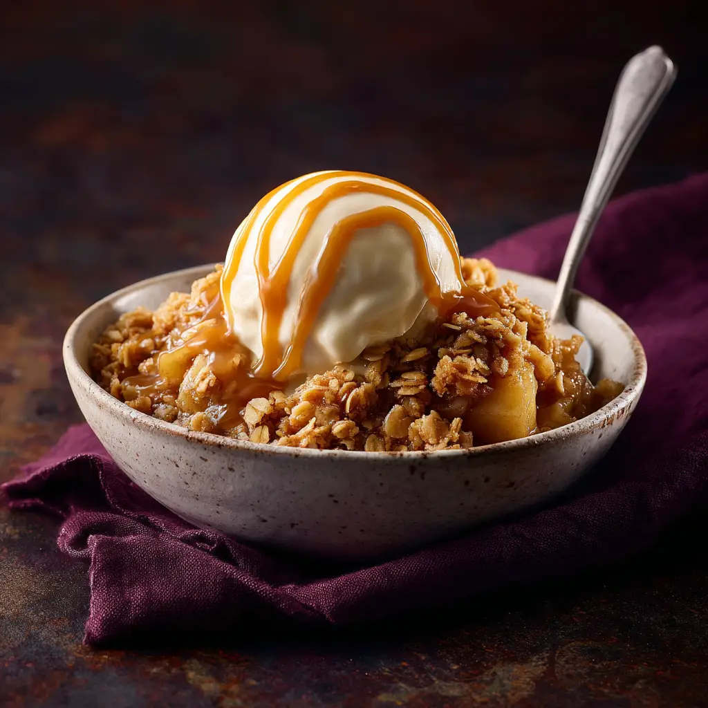 Step-by-step process of making the oat crumble topping for the old-fashioned apple crisp in a glass bowl.