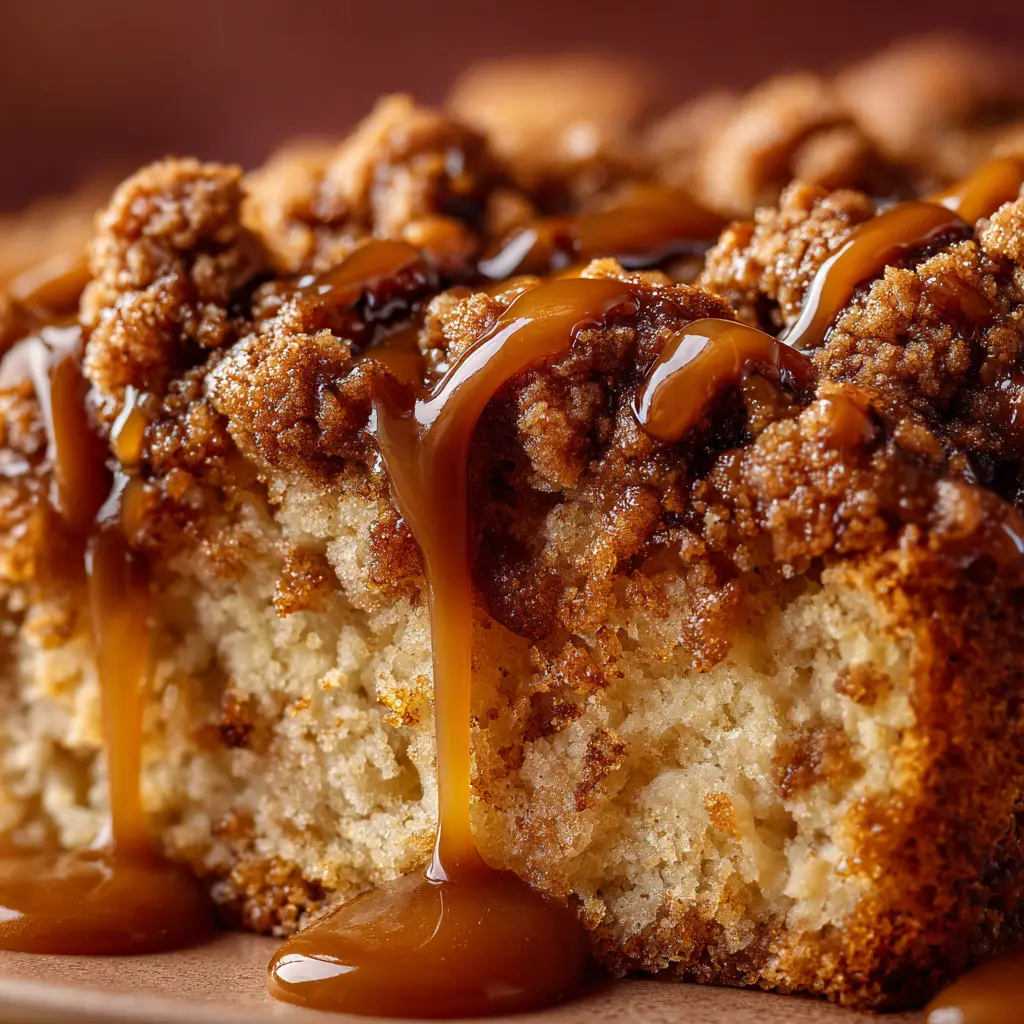 An extreme close-up of the cinnamon streusel topping on the apple crumble cake, showing its golden-brown, buttery, and crisp texture.