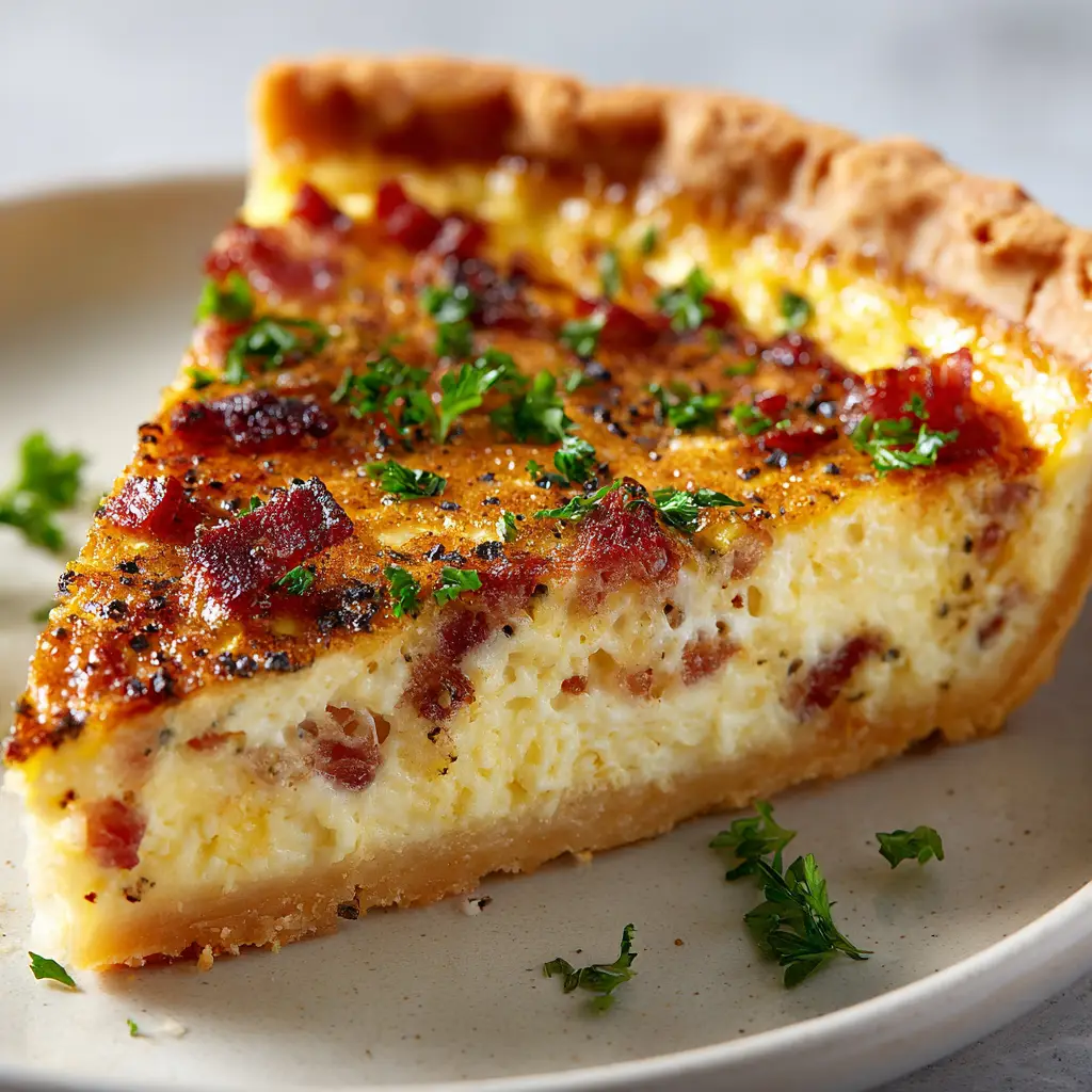 The process of making the classic French quiche recipe, showing the custard being poured into the blind-baked crust filled with bacon and Gruyère cheese.