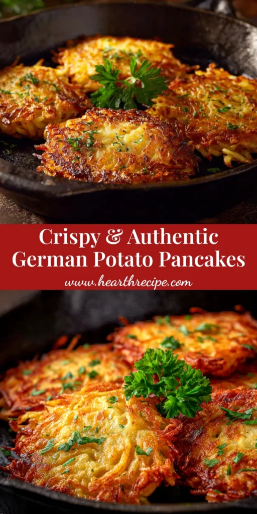 German Potato Pancakes (Authentic Kartoffelpuffer) 3 Crispy, golden-brown German Potato Pancakes served on a plate with a side of applesauce. The perfect authentic Kartoffelpuffer recipe.