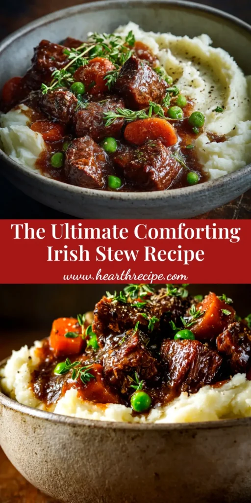 A hearty bowl of authentic Irish Stew Recipe, filled with tender lamb, potatoes, and carrots. A spoon is resting in the bowl, ready to be eaten.