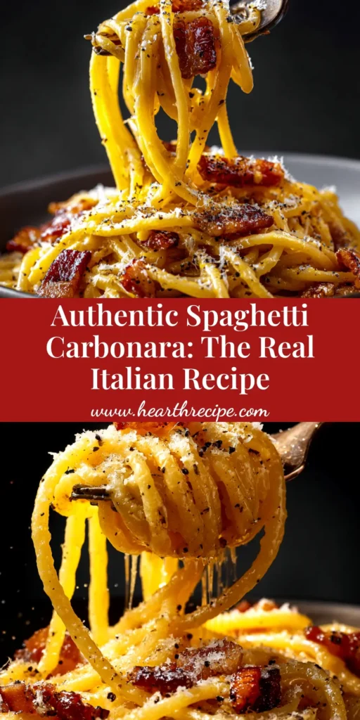 A stunning plate of Authentic Spaghetti Carbonara Recipe, showcasing a creamy egg yolk sauce, crispy guanciale, and a generous topping of pecorino cheese and black pepper.