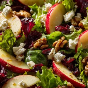 A close-up of the Autumn Harvest Salad being tossed in a large bowl, showing the fresh mixed greens, roasted butternut squash, and apples.