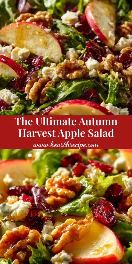 A beautiful Autumn Harvest Salad in a large white bowl, featuring roasted butternut squash, apples, pecans, and goat cheese with an apple cider vinaigrette. The perfect fall salad recipe.