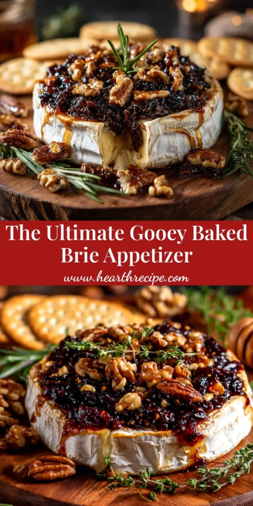 Baked Brie with Fig Jam: The Ultimate Gooey Appetizer 4 A beautiful overhead shot of baked brie with fig jam, topped with walnuts and fresh rosemary, ready to be served. The gooey cheese is just starting to ooze from the scored rind.