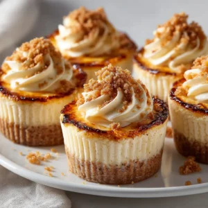 A tray of baked cheesecake cupcakes cooling on a wire rack before the crème brûlée topping is added. The cupcakes are perfectly smooth and crack-free.