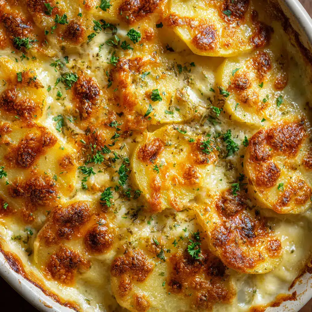 An overhead shot of the full baking dish of potatoes au gratin, fresh out of the oven and bubbling.