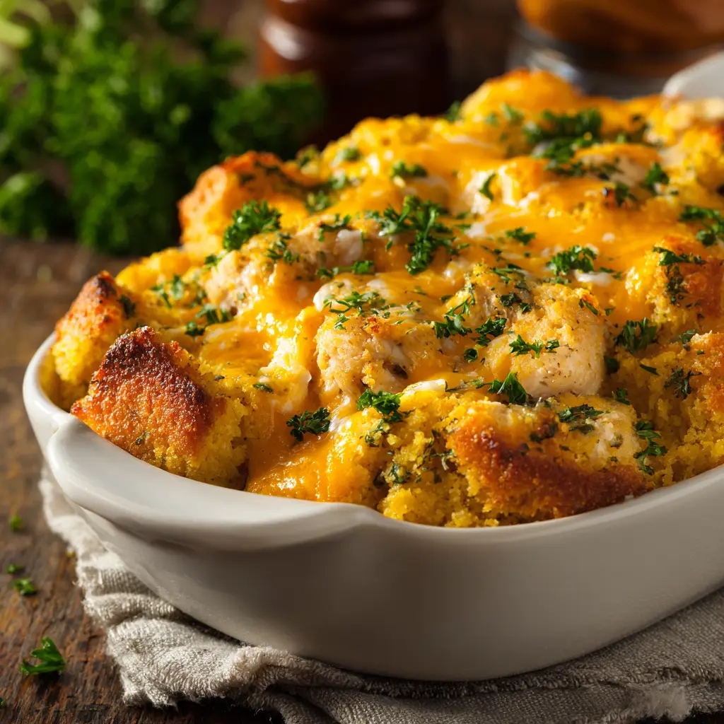 The entire chicken and cornbread casserole baked to a golden brown perfection in a white ceramic baking dish. An easy weeknight dinner idea.