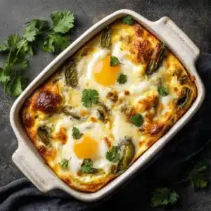 A 9x13 inch baking dish filled with the finished Chile Relleno Casserole, with a golden brown cheesy top and a slice taken out.