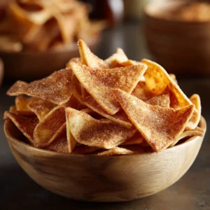 An eye-level shot of homemade cinnamon sugar tortilla chips arranged on a baking sheet, fresh out of the oven and perfectly golden.