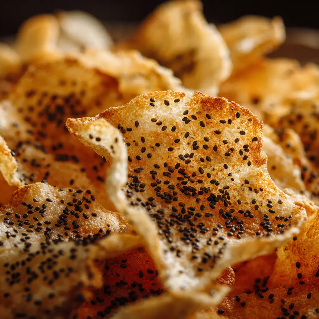 A sheet pan lined with parchment paper, covered with baked cottage cheese chips broken into various sizes=