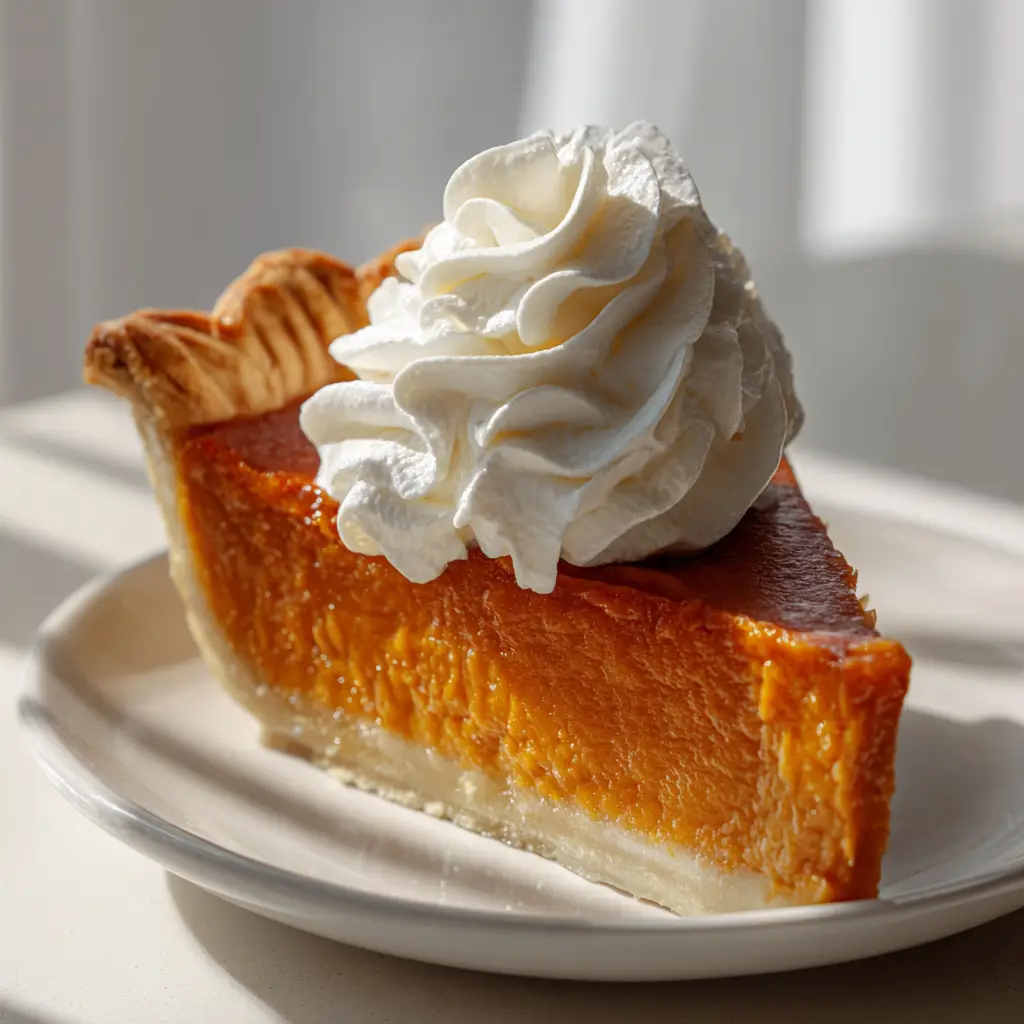 An overhead view of the easy pumpkin pie after baking, showcasing its beautiful color and perfectly set filling.