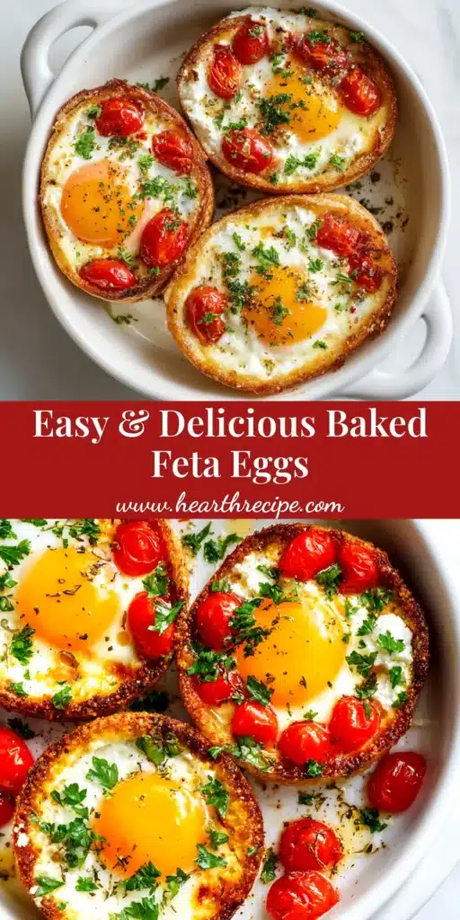 A stunning overhead shot of Baked Feta Eggs in a white baking dish. The eggs are perfectly cooked with runny yolks, nestled in a creamy sauce of feta and burst cherry tomatoes, garnished with fresh parsley.