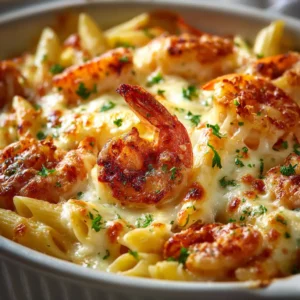 A close-up of the baked garlic shrimp pasta, showcasing the bubbling sauce and perfectly cooked shrimp under a crispy topping.