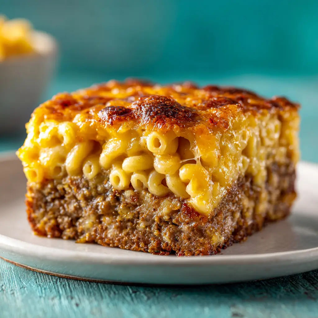 A full Mac and Cheese Meatloaf fresh out of the oven in a loaf pan, with a caramelized glaze on top and cheese slightly bubbling at the edges.