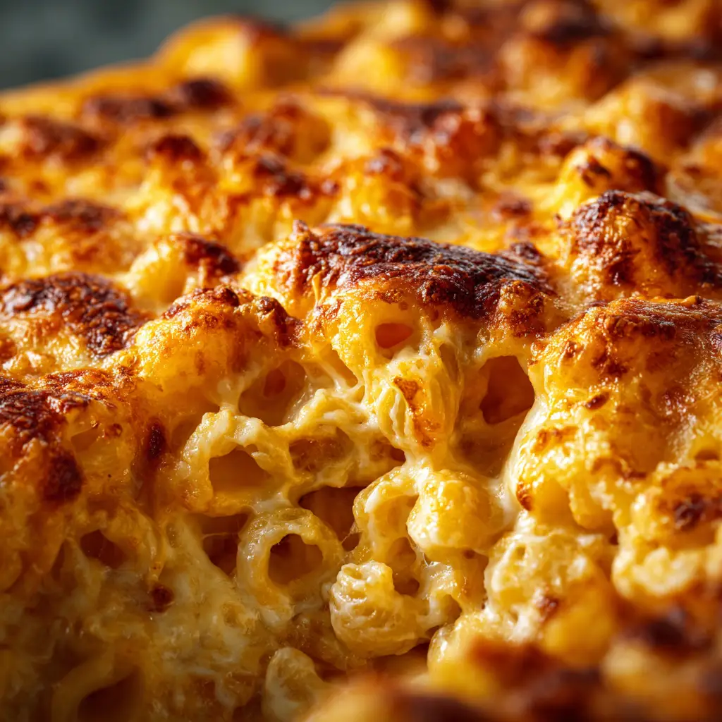 A spoonful of baked mac and cheese being lifted, showing a creamy cheese pull and the crispy panko topping in detail.