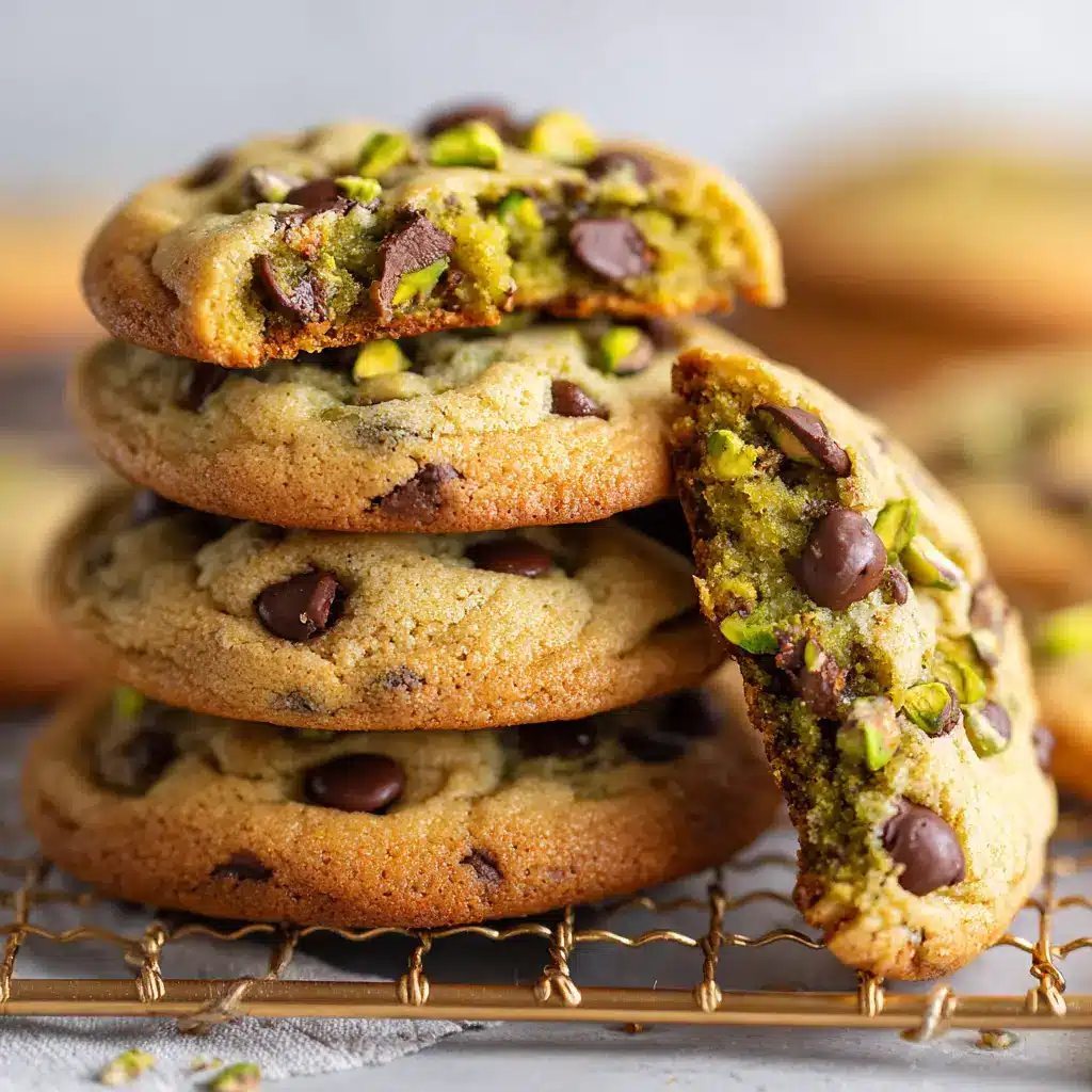 Freshly baked pistachio cream chocolate chip cookies cooling on a wire rack, with golden-brown edges and soft centers.