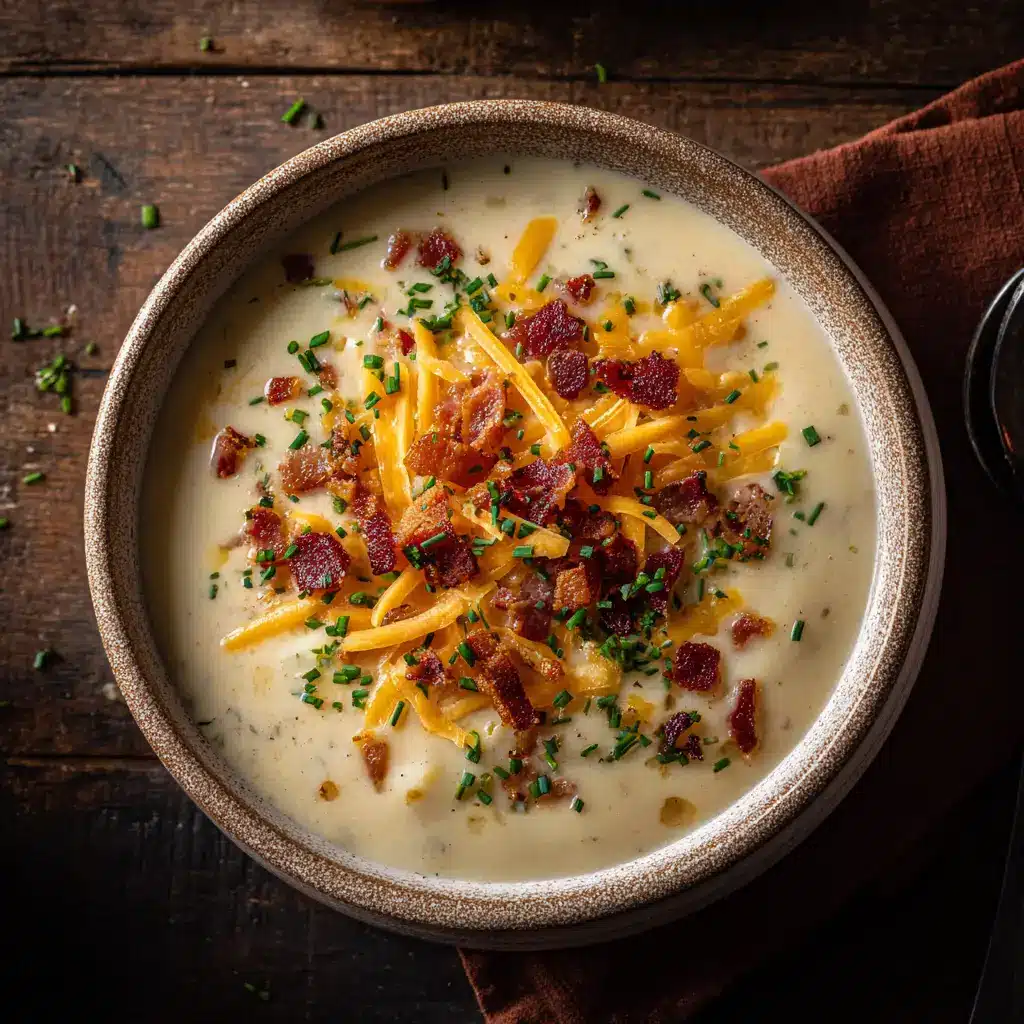 The ingredients for the cheesy baked potato soup recipe laid out, including potatoes, bacon, cheese, and cream.