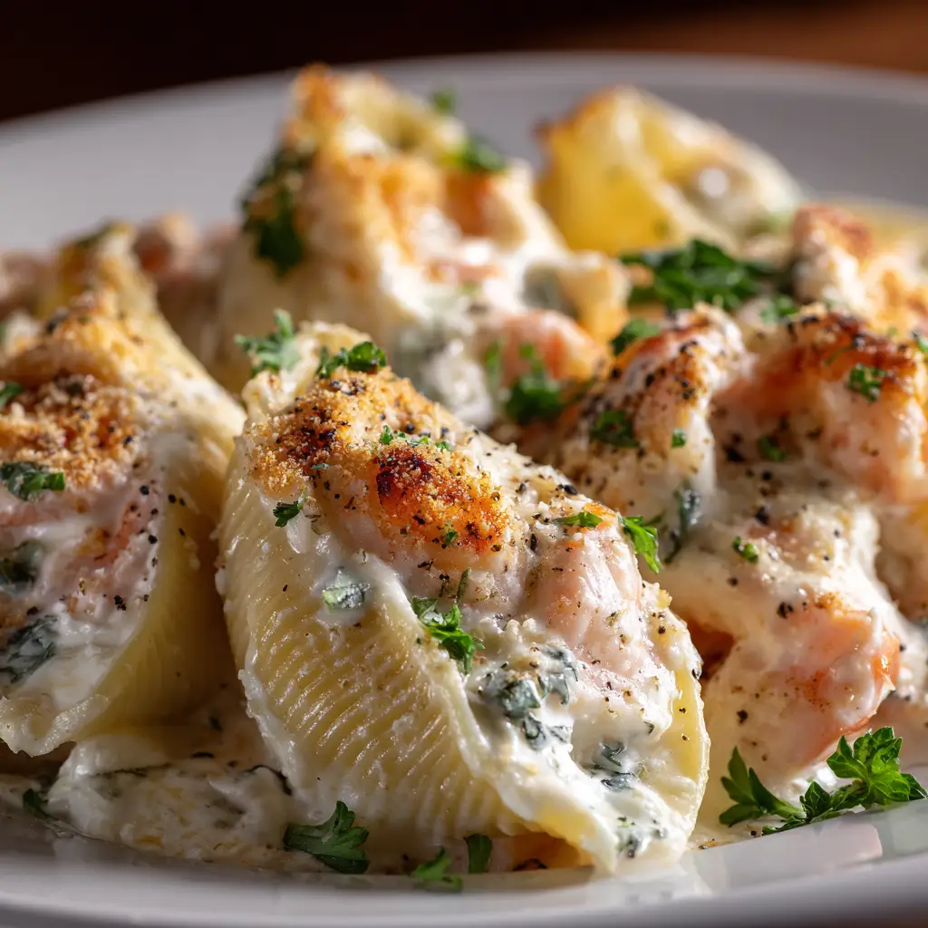 The finished seafood stuffed shells casserole fresh out of the oven, with bubbly cream sauce and golden-brown melted cheese.