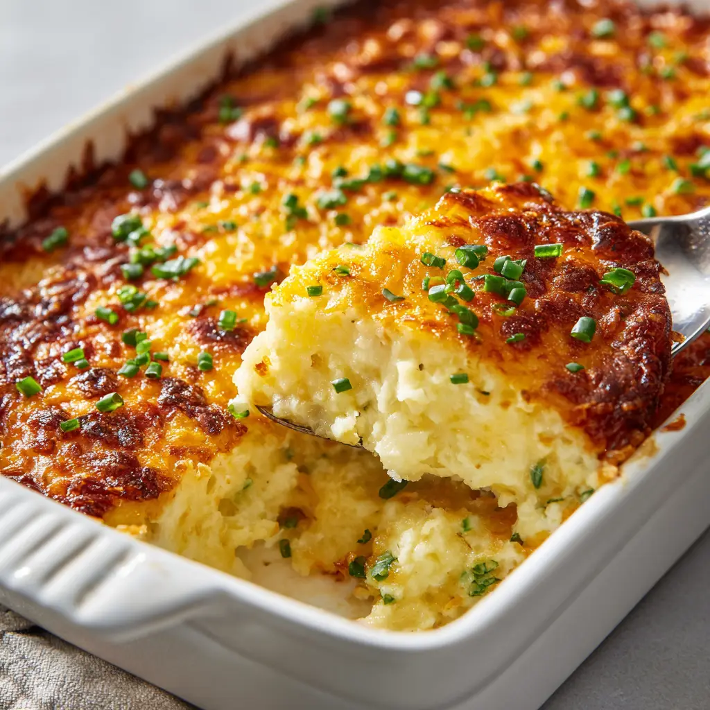 The finished cheesy potato casserole in a baking dish, garnished with fresh parsley, sitting on a wooden table.