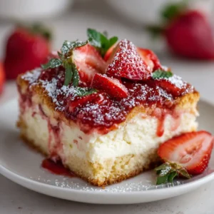 A 9x13 baking dish filled with Strawberry Cheesecake Dump Cake fresh out of the oven. The top is golden brown and bubbly strawberry filling is peeking through the sides.