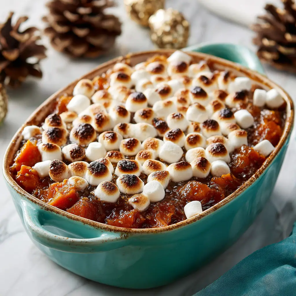 Candied Sweet Potatoes (The Ultimate Holiday Recipe) 1 A side-angle view of the candied sweet potato casserole, showing the tender slices of potato coated in a bubbly, thick sauce.