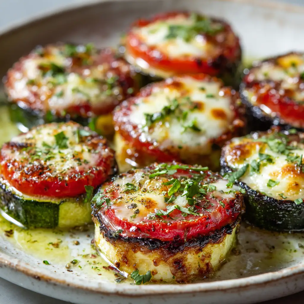 An extreme close-up of a single cheesy zucchini tomato bite, highlighting the bubbly, golden-brown mozzarella and parmesan cheese.