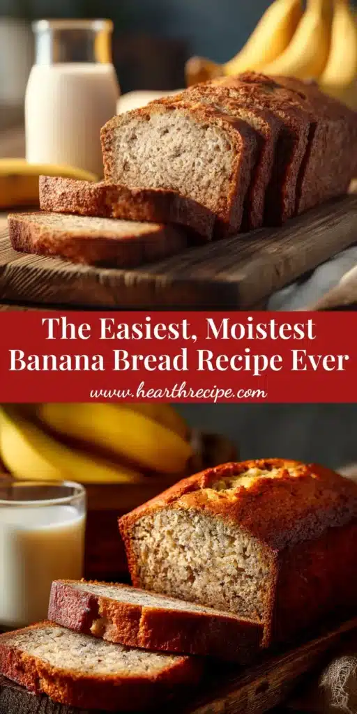 A beautiful golden-brown loaf of banana bread on a wooden board, with several thick slices cut. This showcases the perfect banana bread recipe.