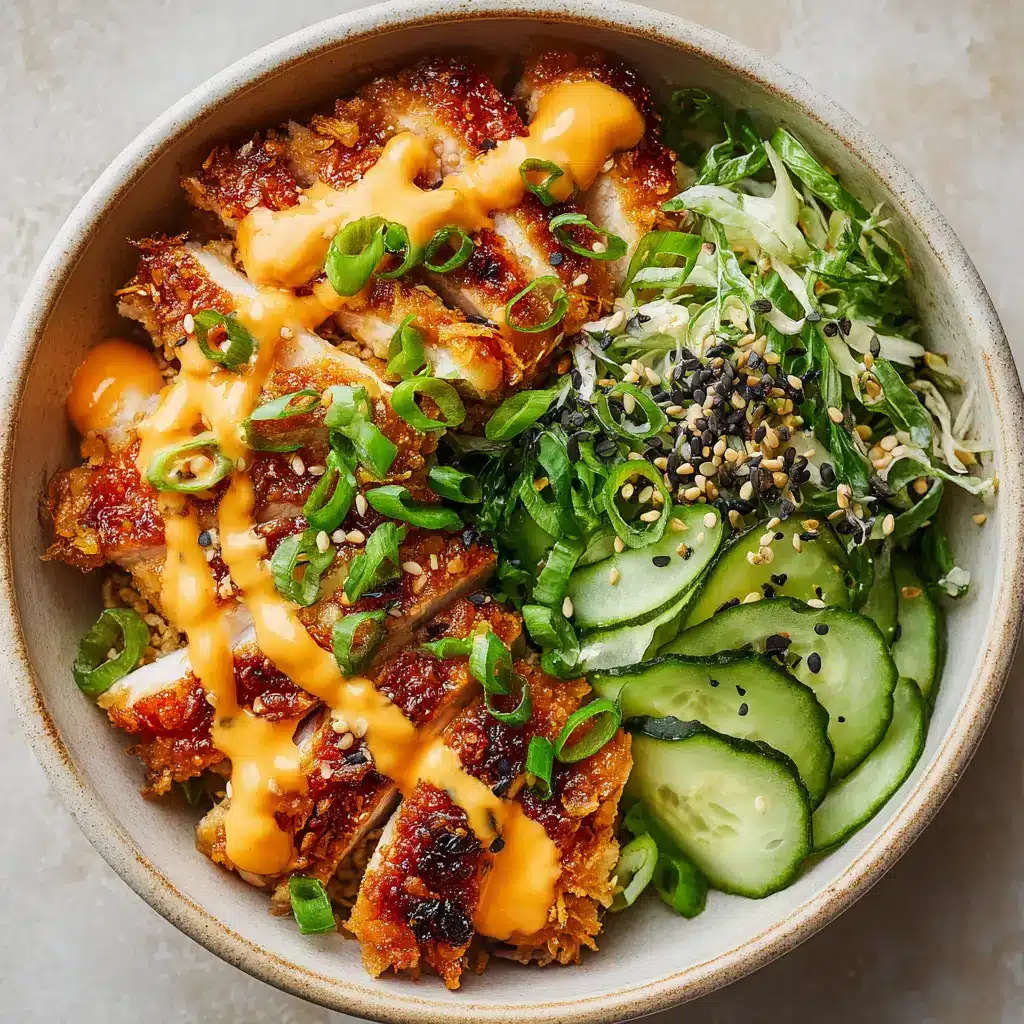 A fresh and colorful Bang Bang Chicken Bowl assembled with all the toppings like carrots, cucumber, and green onions before being served.