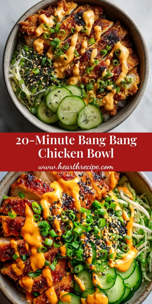 An overhead shot of a delicious Bang Bang Chicken Bowl, featuring crispy chicken in a creamy spicy sauce, served over rice with fresh carrots, cucumber, and edamame.