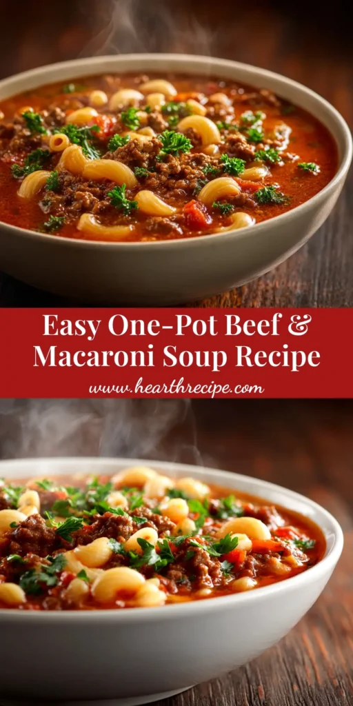 A large white bowl filled with hearty beef and macaroni soup, garnished with fresh parsley. The perfect one-pot comfort food.