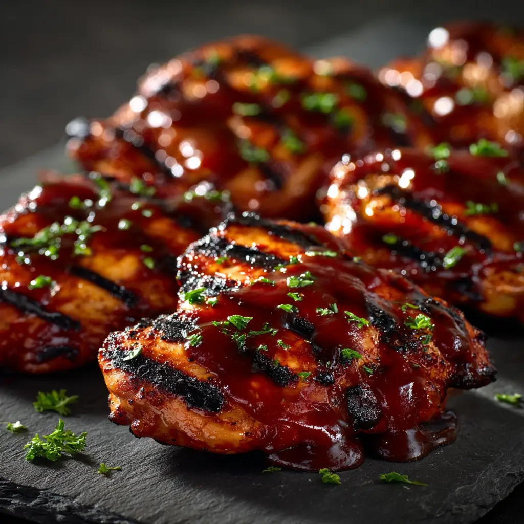 A platter of finished grilled BBQ boneless chicken thighs garnished with fresh parsley. The perfect main course for a summer barbecue.