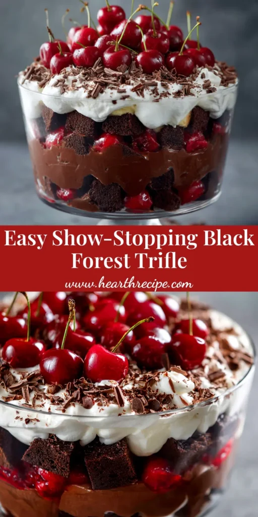 A stunning Black Forest Trifle in a large glass bowl, showing clear layers of chocolate brownie, cherry filling, and whipped cream, topped with chocolate shavings.