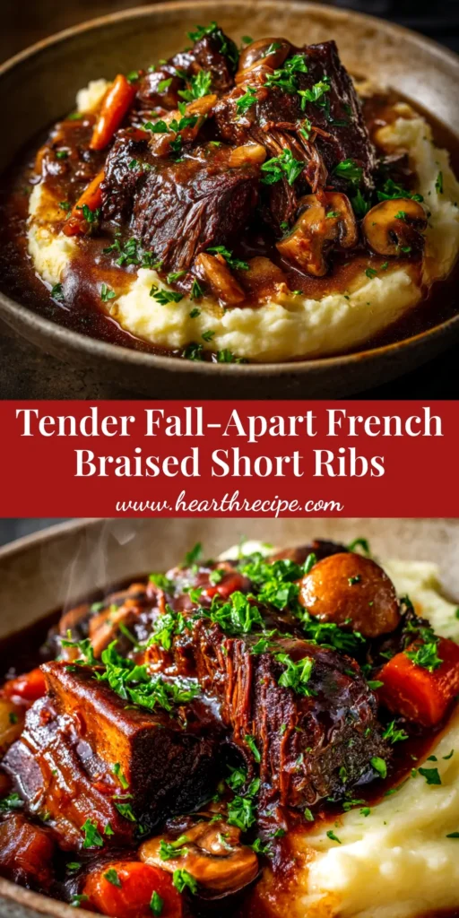 A close-up shot of tender, fall-off-the-bone meat from a delicious Braised Short Ribs Recipe, served in a rich red wine sauce.