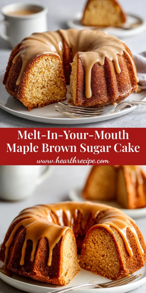 A perfect slice of moist Brown Sugar Bundt Cake on a white plate, drizzled with a delicious brown sugar glaze. The full cake is visible in the background.