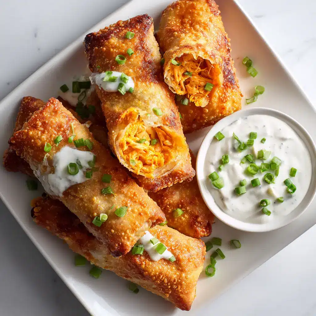 A buffalo chicken egg roll cut in half, revealing the creamy, cheesy, and spicy shredded chicken filling inside.
