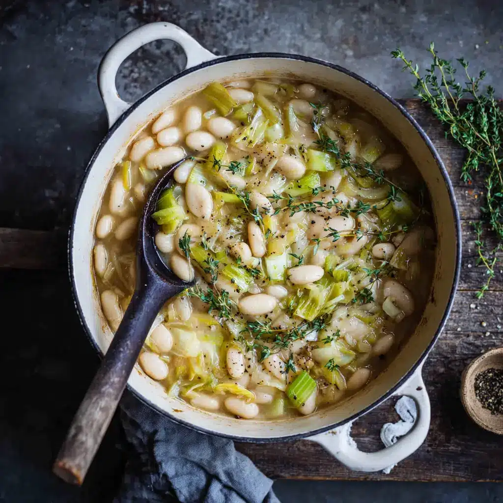 Butter Beans with Leeks: A Creamy, One-Pan Wonder 2 An overhead view of a white Dutch oven filled with creamy butter beans and leeks, showcasing the simple ingredients and rich texture of the vegetarian dish.