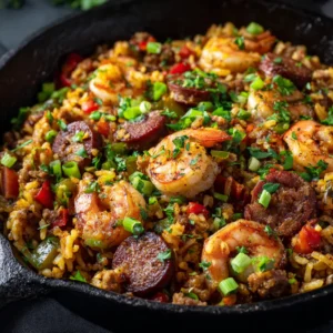 A close-up spoonful of Cajun dirty rice, showing the fluffy texture of the rice, a piece of andouille sausage, and a plump piece of shrimp.