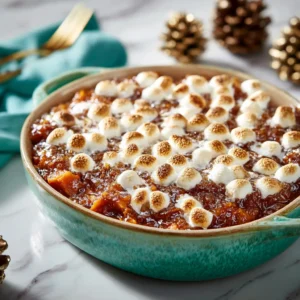 A close-up overhead shot of a baking dish filled with homemade candied sweet potatoes, glistening with a brown sugar glaze.