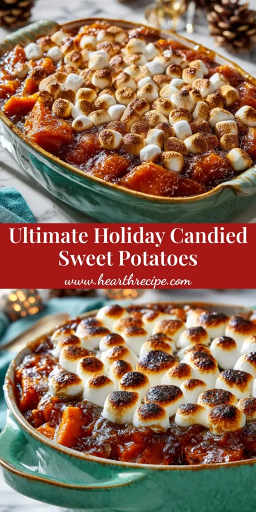Candied Sweet Potatoes (The Ultimate Holiday Recipe) 4 A vertical pin image showing a casserole dish of perfectly glazed candied sweet potatoes, with a serving spoon lifting a portion out.