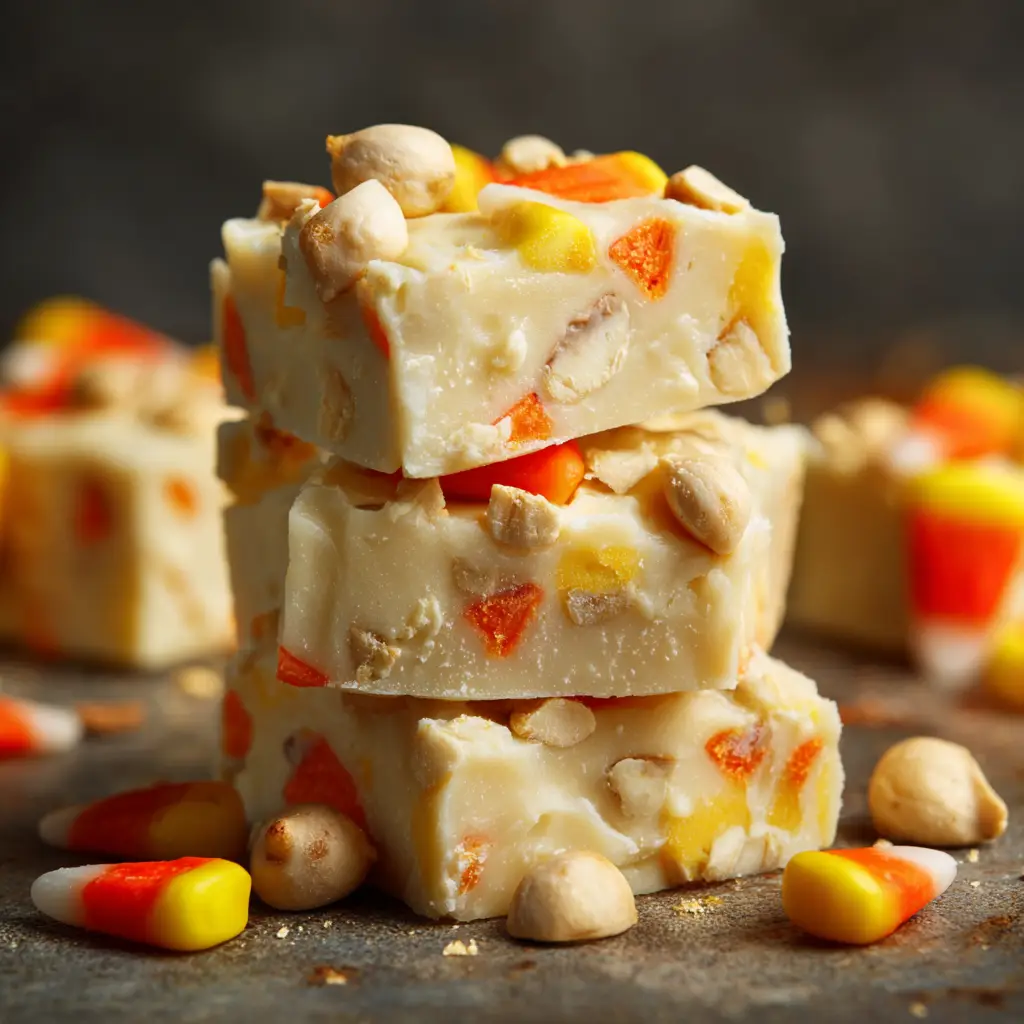 A top-down view of candy corn fudge cut into squares on a festive plate, ready to be served at a Halloween party.