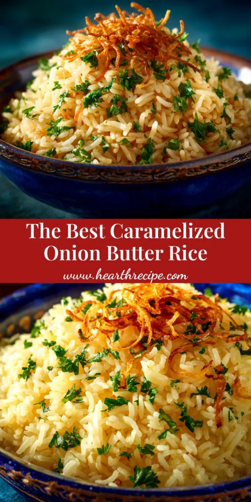 Caramelized Onion Butter Rice: The Ultimate Savory Side Dish 4 A large bowl of caramelized onion butter rice, garnished with fresh thyme. The rice is fluffy and golden brown, mixed with rich, jammy onions.